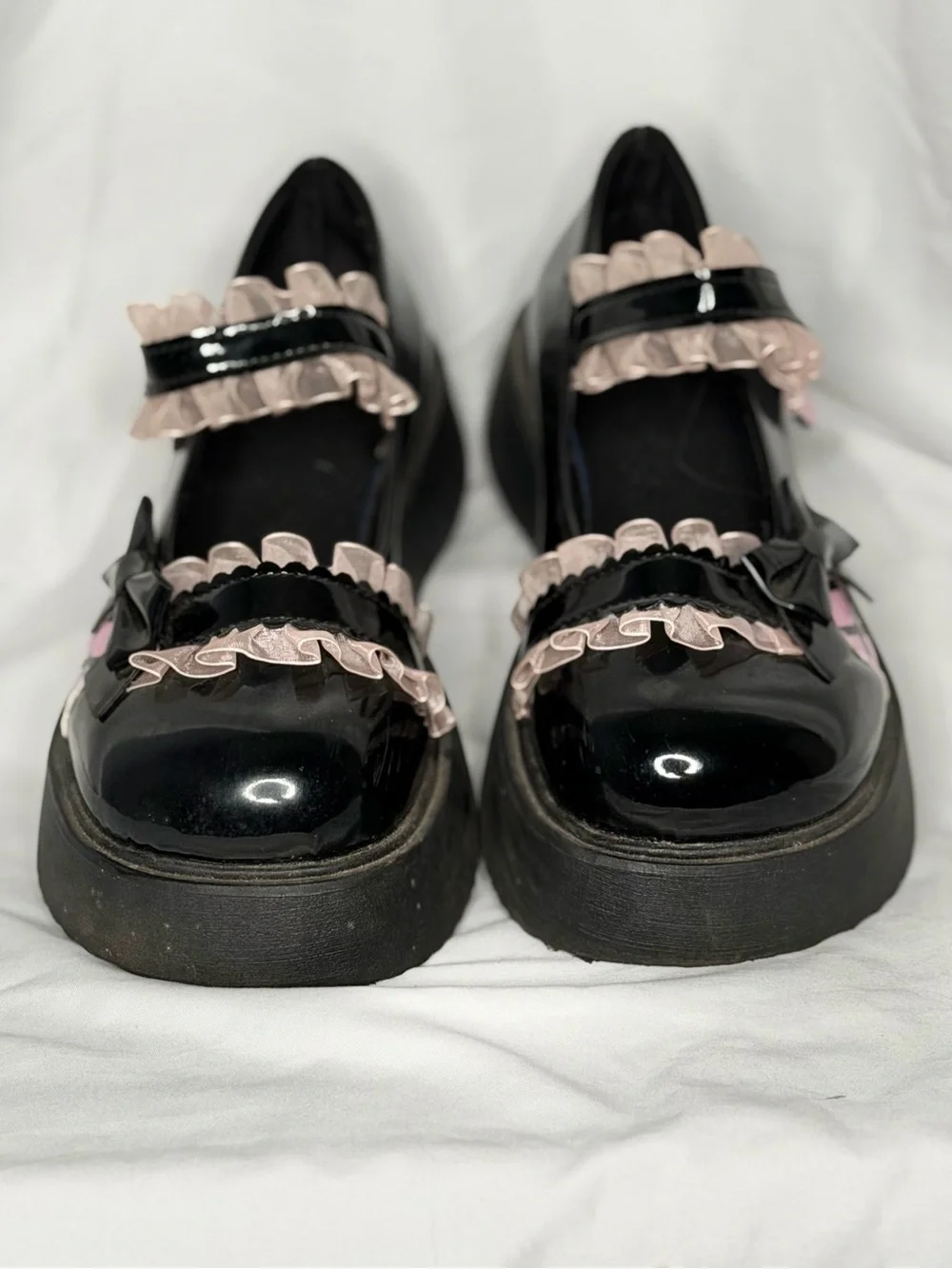 Bow Decor Frill Trim Patent Platform Mary Janes Black Pink Size 8.5
